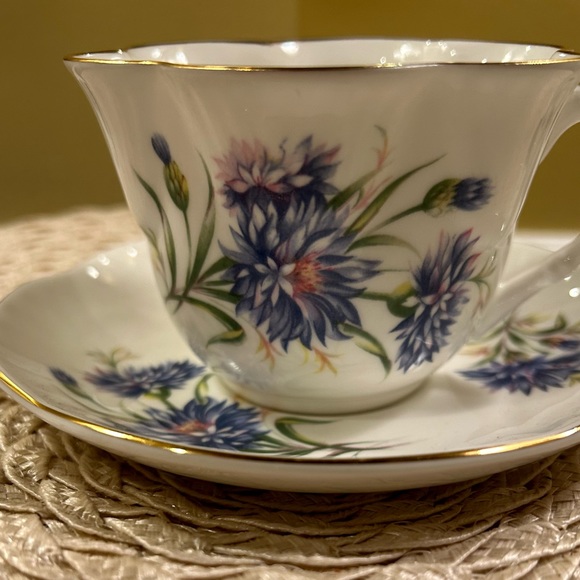 Vintage Crown Staffordshire Fine Bone China Blue Floral Teacup and Saucer - Engl - Picture 1 of 12